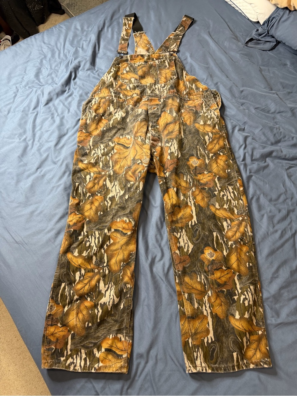 VTG Mossy Oak Fall Foliage Camo Overalls Bibs USA Made Mens XL 80s Green Tag